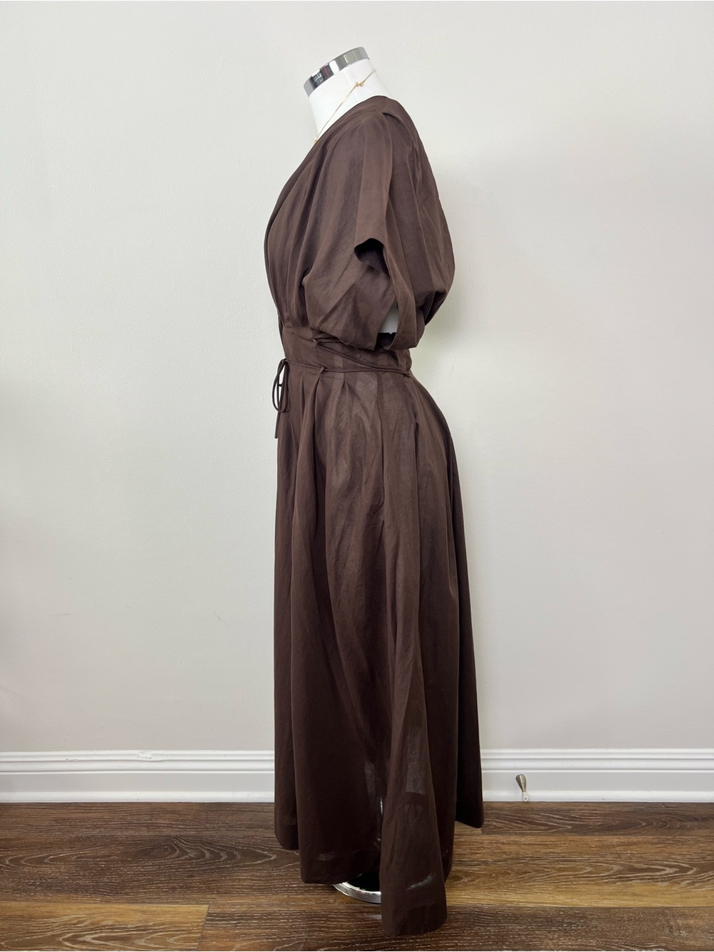 NWT Zara Brown Cotton Poplin Puff Sleeve Midi Dress Size M Pockets - Picture 7 of 12